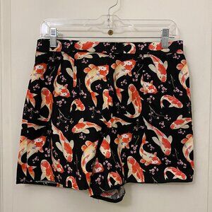 Vintage Women Hand Made Black High Waist Koi Fish Print Shorts Size Medium